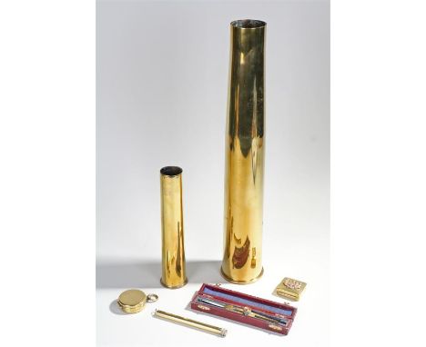 Brass and steel proportional divider in a fitted leather case, brass cased compass by Short & Mason, brass cased thermometer,