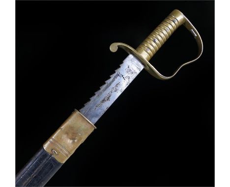 1856 pattern saw back pioneer sword with ordnance stamps to the blade in its brass and leather scabbard