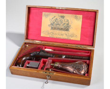 Early 19th Century Wogdon of London percussion pistol, eight sided barrel, polished steel fittings, barrel engraved Wogdon Lo