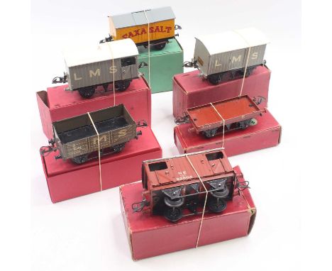 Six Hornby 0-gauge goods wagons: post-war No.50 Saxa Salt (M) (BE); post-war NE goods brake, repainted roof (VG-E) (BVG); pos