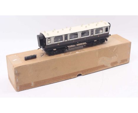 Lawrence scale models professionally built 0 gauge LNWR salon coach no.5280, in LNWR white and lined brown, fitted with passe
