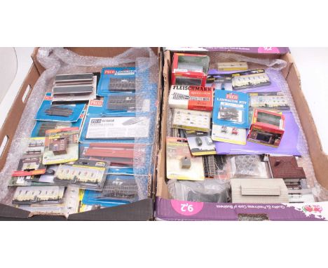 Two trays containing a quantity of N gauge lineside accessories, track and lineside equipment to include Peko, Graham Farish 