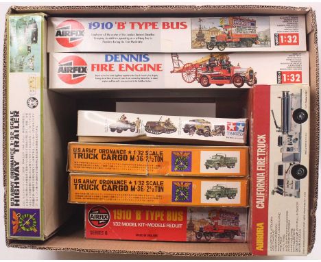 Airfix/ Tamiya and other 1/32 scale group of 8 plastic kits to include; 1910 B Type Bus, US Army Truck Cargo, California Fire