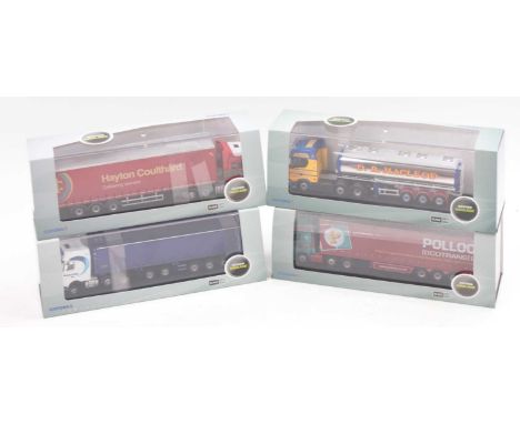 A collection of four various 1/76 scale Oxford Haulage diecast vehicles to include Pollock Scotrans Ltd, Mercedes MP4 GSC Act