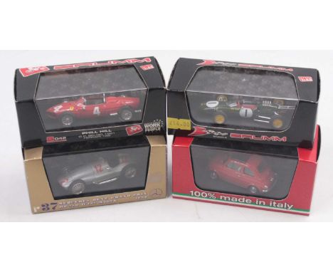 Brumm 1/43 scale Group of 4 Plastic cased modern issue diecasts to include; Lotus 25 G.P Belgio, Ferrari 156 Phill Hill, Merc