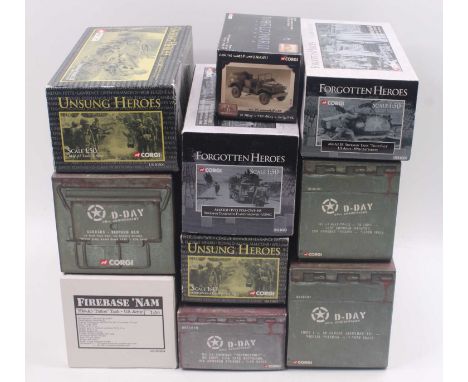 Corgi Military related mostly 1/50 scale Modern issue group of 9 examples to include; Unsung Heroes Vietnam Series 3 M48 A3 T