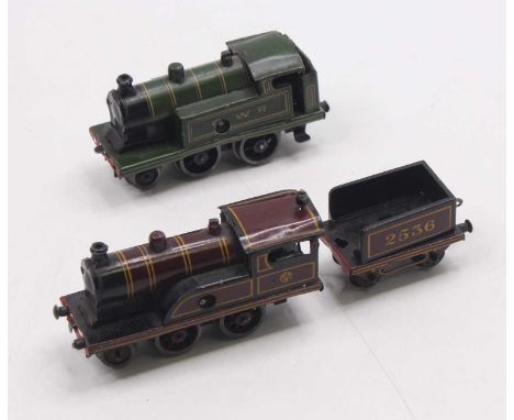 Two Bing tabletop clockwork locos to include an LMS 2-6-0 tender loco, in lined maroon, no.2536, and a GWR 2-6-0 tank loco, i