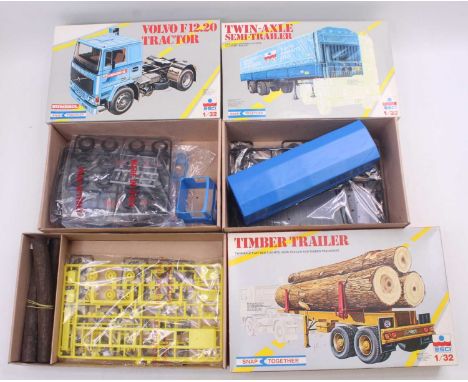 ESCI 1/32 Snap Together group of 3 to include; No.307 Timber Trailer, No.304 Twin-Axle Semi Trailer, and a No.300 Volvo F12.2