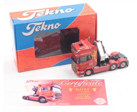 A Tekno 1/50 scale diecast model of a Hayes Cabin Services limited edition, Scania R730, model of a Hayes tractor crane unit 