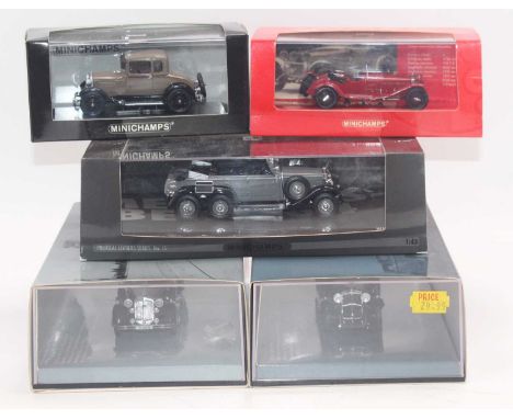 Minichamps 1/43 scale group of 5 cased modern issue diecasts to include: 1930 Alfa Romeo 6C in red, a Maybach Zeppellin in bl