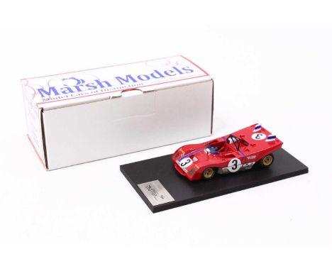 A Marsh Models No. MM260 1.43 scale factory hand built model of a Ferrari 312PB Sebring race car, comprising red body with ra