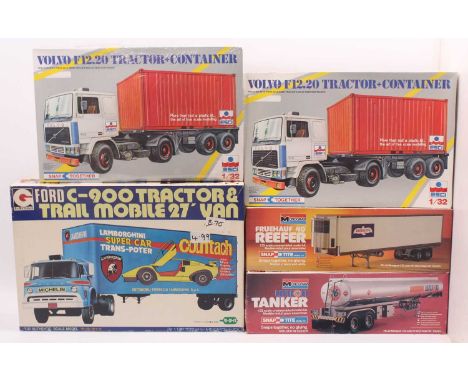 Monogram/ ESCI and other 1/32 scale group of 5 Plastic Kits to include; Ford C900 Tractor &amp; Trailer, Volvo F12.20 Tractor