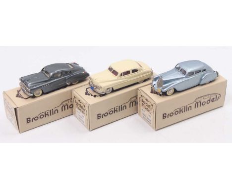 Three Brooklin models 1:43 scale cars to include a Buick roadmaster, 1949, a 1949 Mercury 2-door coupe, and a 1933 Peirce Arr
