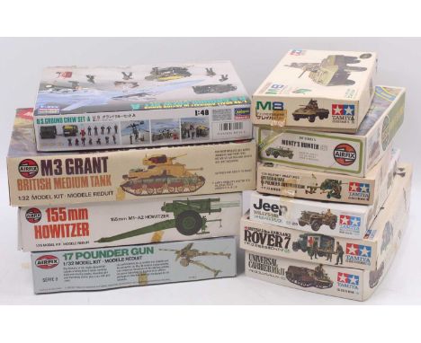 Airfix/Tamiya and others various scales group of 10 Plastic military kits to include; British Ambulance Rover 7, 17 pounder G