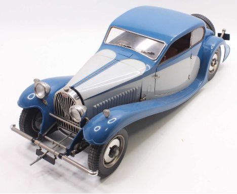 Pocher 1/8th scale kit built model of a Bugatti 50T, blue and silver example with brown interior, loose model could benefit f