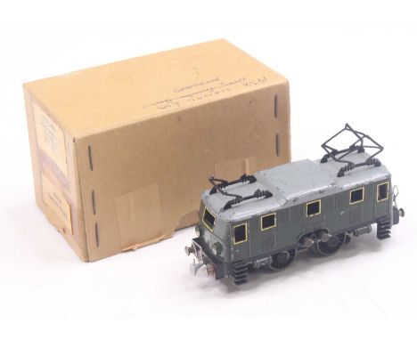 Trix Twin No.20/55SL 0-4-0 Overhead Electric Loco - green, grey roof, black underframe and wheels. One pantograph has been da