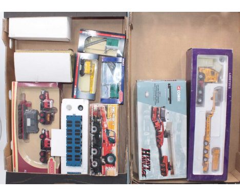 Two trays containing a quantity of various mixed scale diecast vehicles to include Corgi, Trackside Heavy Haulage, Lion Toys 