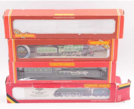 Four Hornby 00 gauge locos to include an early Hornby A4 in BR repainted in LNER blue, running No. 4468, Mallard, an A4 LNER 