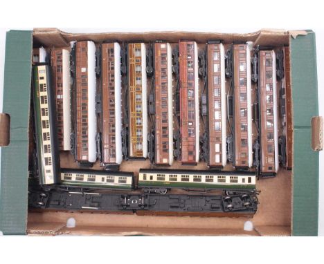One tray of 00 gauge LNER kit built, and modified coaches, to include three Exley or similar tourist stock coaches, an articu