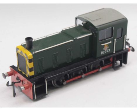 Probably kit built 0-gauge 3-rail 0-6-0 diesel shunter D2053 BR green with yellow/black diagonal stripes front &amp; rear, wh