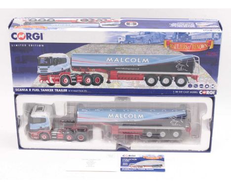 A Corgi Hauliers of Renown No. CC13762, a Malcolm Logistics Scania R fuel tanker tractor unit and trailer housed in the origi