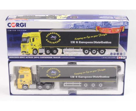 A Corgi Hauliers of Renown No. CC15807 diecast model of a Caledonian Logistics Mercedes Benz Actros MP4 tractor unit and curt