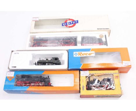 Four HO gauge locos to include a Fleischmann BR 89 class in DB black livery, a Roco BR 94 class in DB black, a Roco BBII Clas