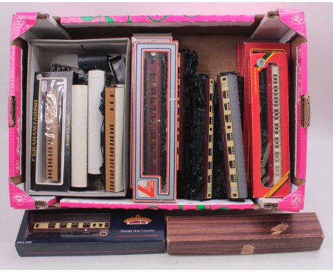 A large tray of coaches &amp; a few goods wagons: 3 x Hornby Caledonian red/cream coaches (E) (BVG); unidentified BR maroon c