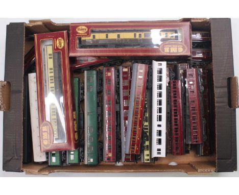 One tray containing 00 gauge kit built and modified coaches to include three LMS Exley coaches, two Ian Kirk Southern Maunsel