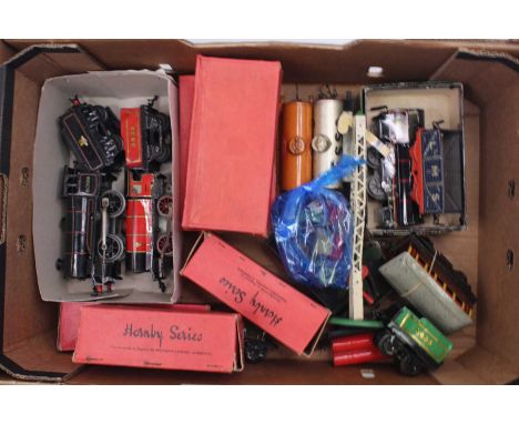 A large tray containing mostly Hornby items in fair to good condition: No.50 0-4-0 loco &amp; tender BR No.60199 lined black 