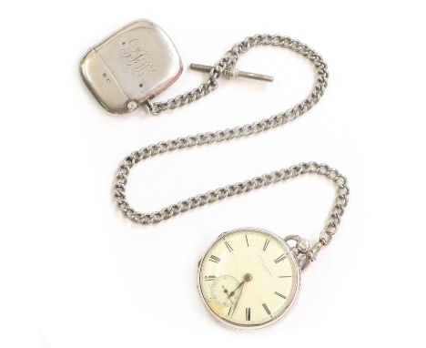A Victorian silver open faced pocket watch, with white enamel dial, Roman numerals, brass hands, a subsidiary seconds dial, e