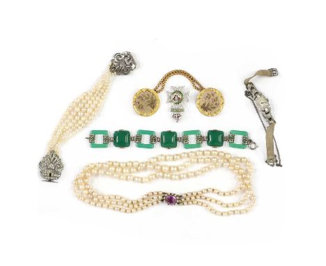 A three row cultured pearl necklace,three rows of graduated cultured pearls strung knotted to a 9ct box clasp, with oval mixe