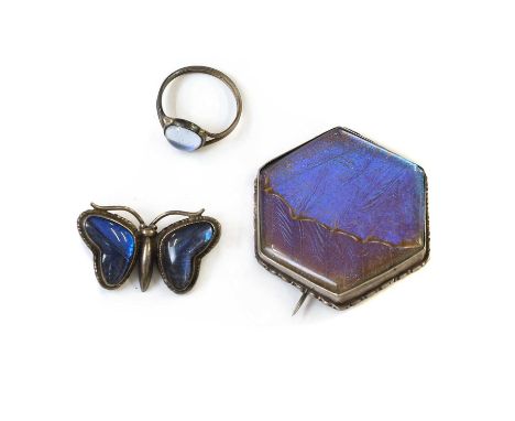 A collection of silver and costume jewellery,to include two silver butterfly wing brooches and a matching ring, a set of six 