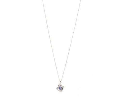 A white gold sapphire and diamond pendant,an oval mixed cut sapphire, claw set, to ribbon style surround channel set with bag