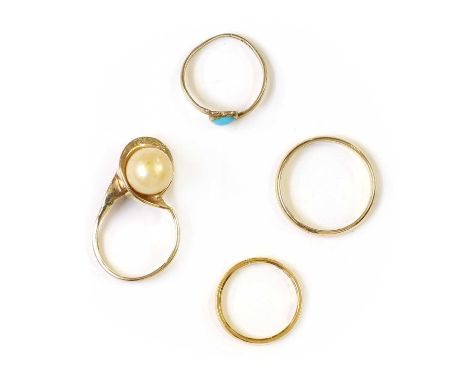 Four gold rings,to include a gold and simulated pearl ring by Birks, tested as approximately 9ct gold, finger size K, a 22ct 