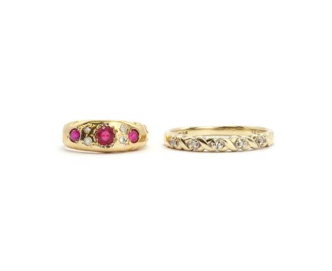 A quantity of gold and costume jewellery,to include a three stone synthetic ruby ring, with scroll shoulders and a plain shan