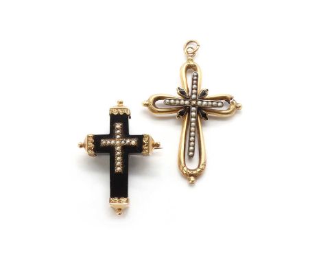 An onyx and split pearl cross brooch,an onyx Latin cross, with applied gold cross to the centre, bead set with split pearls, 