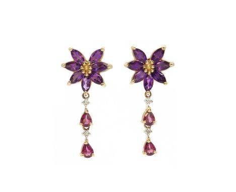 A pair of 9ct gold amethyst, garnet and diamond floral drop earrings,a cluster of marquise mixed cut amethyst, all claw set t