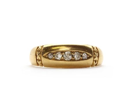 A Victorian 18ct gold five stone diamond ring,a row of graduated old cut and Swiss cut diamonds, all bead set to the boat-sha