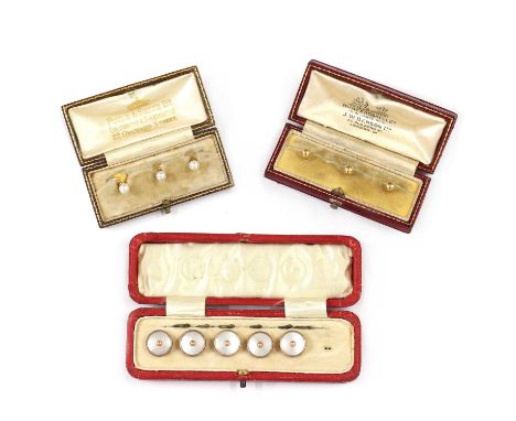 Three cased sets of gold gentlemen's dress studs,to include a set of three 18ct gold dress studs, in 'Hunt &amp; Roskwell Ltd