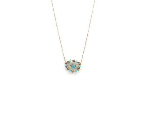 A turquoise and split pearl necklace,an oval cabochon turquoise rub set to a plain collet with gold bead accents, to a knife 