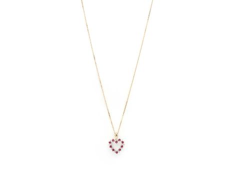 A gold ruby and diamond heart pendant,a row of mixed cut rubies alternating to round brilliant diamonds, all claw set to the 