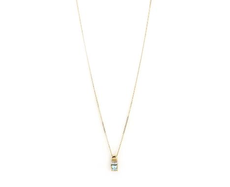 A 9ct gold Topaz and diamond necklace,with a square cut blue topaz rub set to square bezel, surmounted by a line of eight cut