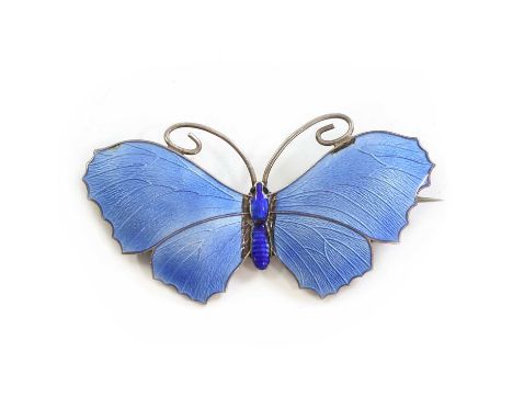 A silver enamel butterfly brooch, by John Aitkin &amp; Sons,with turquoise blue guilloché enamel on a textured ground, to 'C'