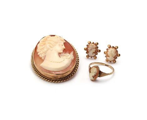 A 9ct gold shell Cameo brooch,the cameo depicting the portrait of a woman, rub set to smooth collet, to double twisted rope b