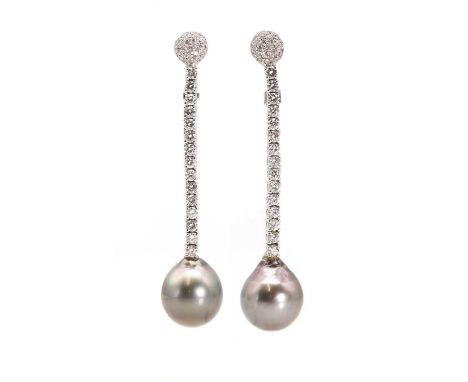 A pair of Tahitian cultured pearl and diamond drop earrings,with circular domed top, pavé set with graduated brilliant cut di