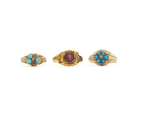 Three Georgian and Victorian gold rings,comprising of a Georgian flat cut garnet ring, the garnet spitch set to scalloped bor