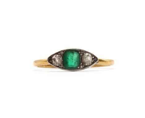 A three stone Emerald and diamond boat shaped ring,a step cut emerald with an old brilliant diamond on each side, all claw se