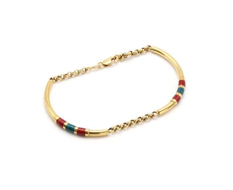 An Italian gold enamel panel bracelet,two tubular bowed panels with applied raised sections with green and red enamel decorat
