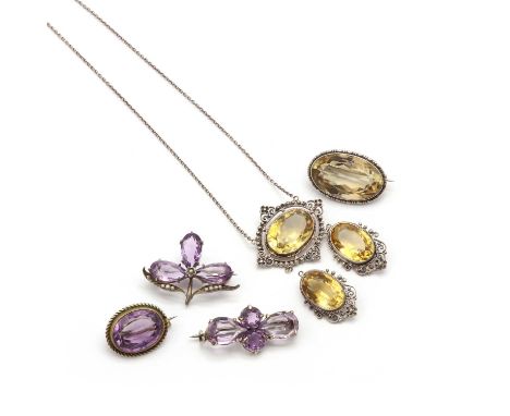 A quantity of silver jewellery,to include a silver and citrine necklace, with a central oval mixed cut citrine, suspending tw